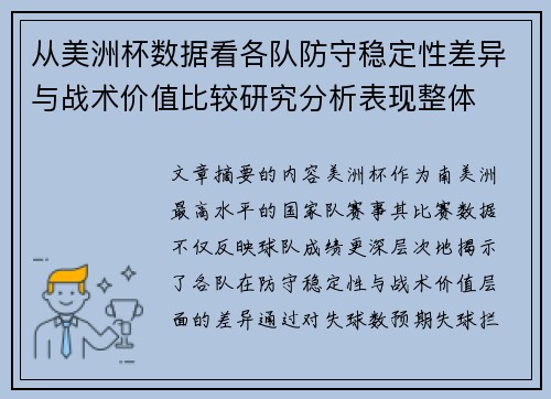 从美洲杯数据看各队防守稳定性差异与战术价值比较研究分析表现整体
